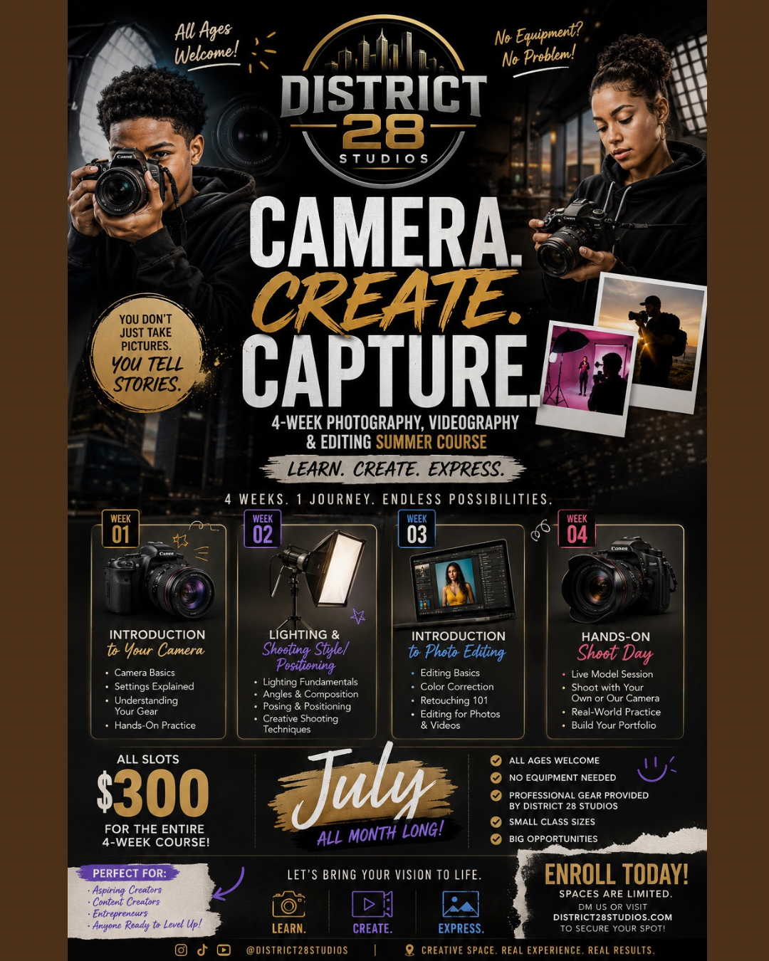 Camera. Create. Capture. 4-week summer course flyer